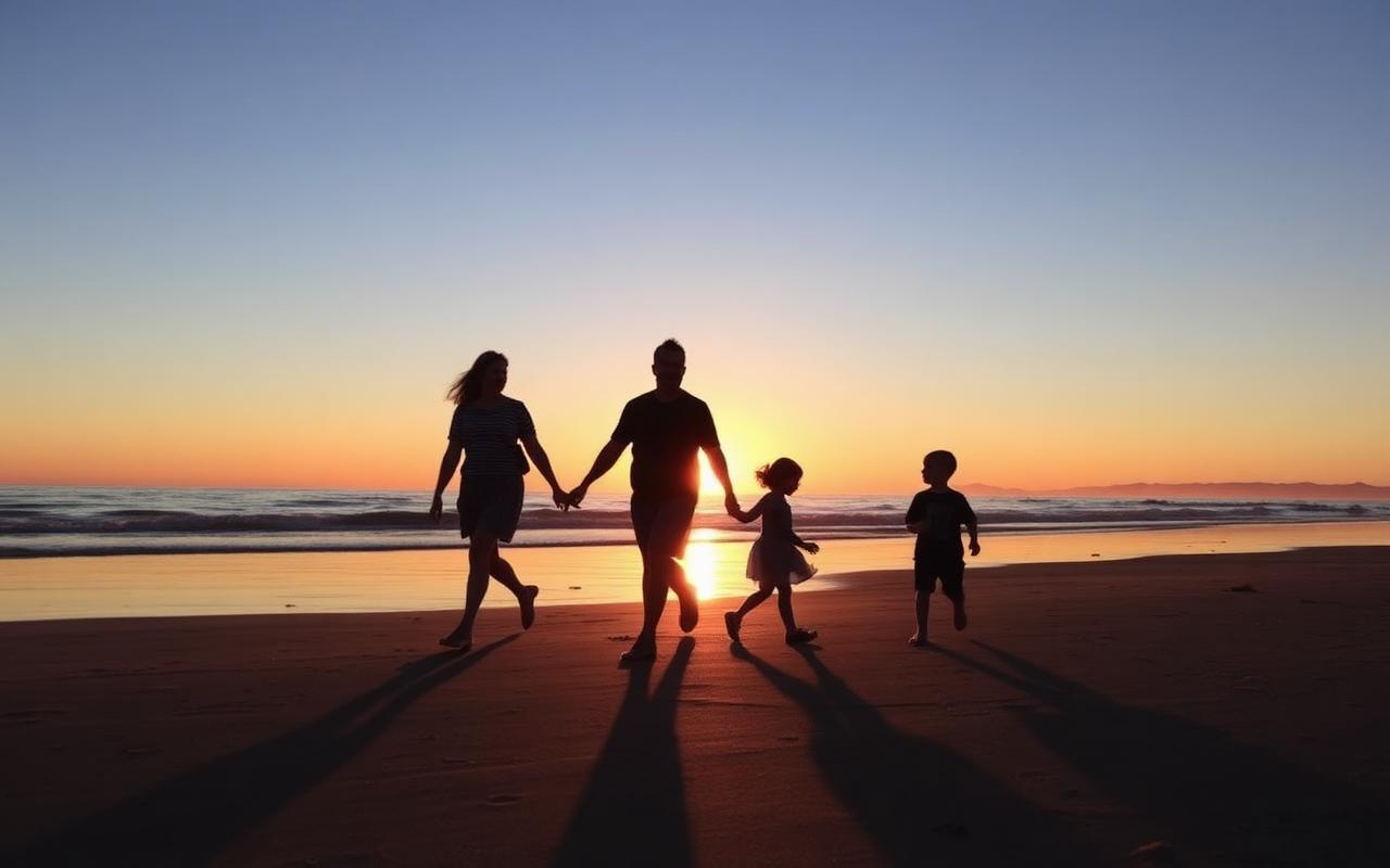 Family walking on Cape Ann beach at sunset